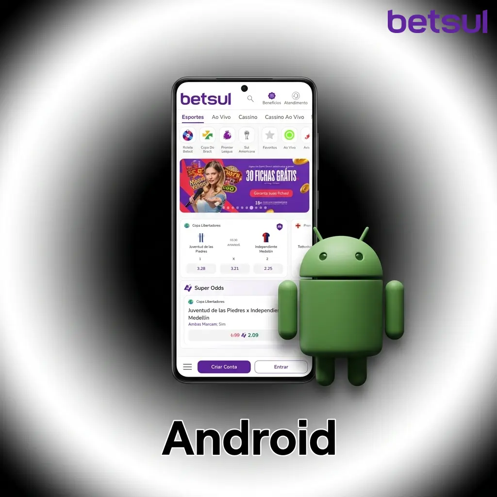 App Betsul para Android disponível como APK, compatível com Android 5.0 ou superior, com 30 MB de tamanho
