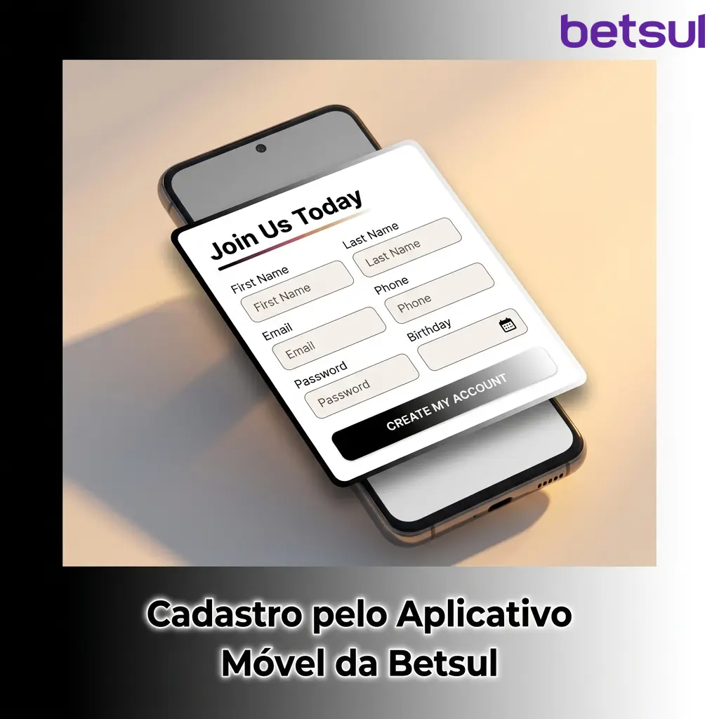 Tela de cadastro no aplicativo móvel da Betsul para Android com opções de registro por celular ou e-mail